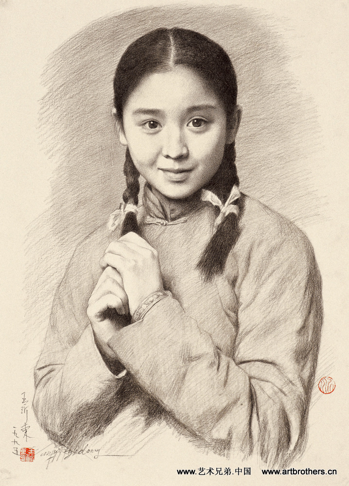 王沂東 Wang Yidong 鉛筆デッサン 額装 人物画 中国写実絵画 王沂东素描作品www.wangyidong.com