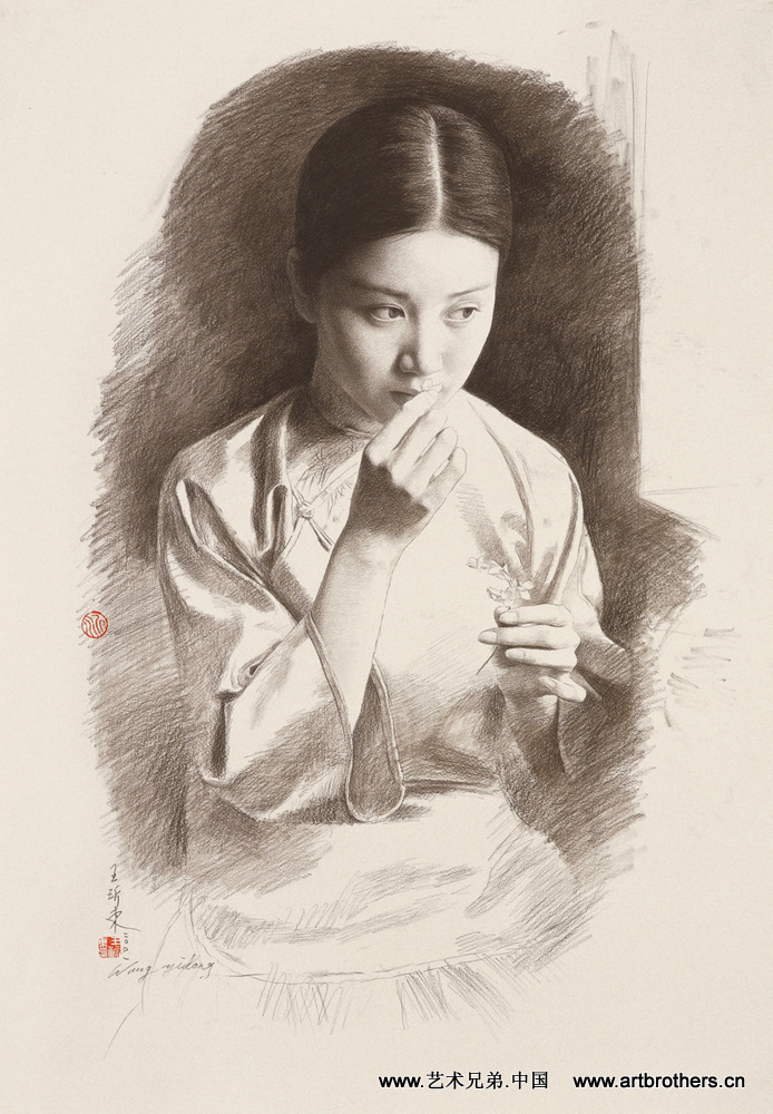 王沂東 Wang Yidong 鉛筆デッサン 額装 人物画 中国写実絵画 王沂东素描作品www.wangyidong.com